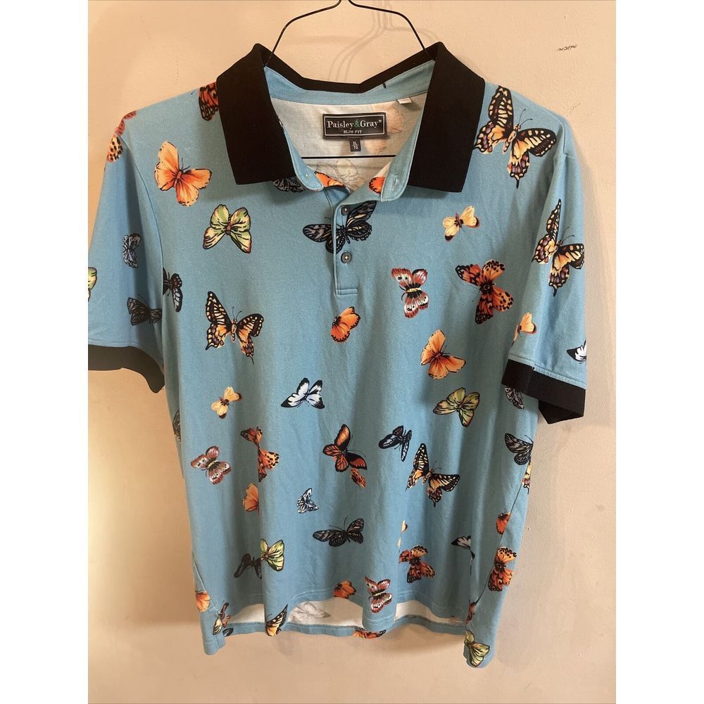 Paisley & Gray Polo Shirt Mens XL Blue Black Butterfly Slim Fit Golf